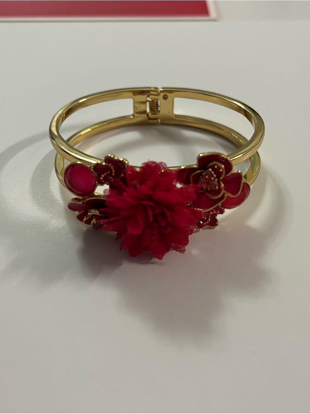 Talbots Hot Pink Floral Bib Necklace with Matching Earrings & Gold Bracelet - Picture 6 of 14